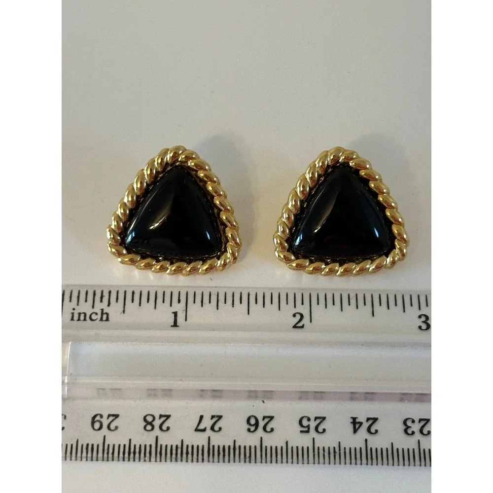 Kenneth J Lane Earrings Clip On Black Triangle Gold Twist Edge Signed Stunning - Picture 9 of 9